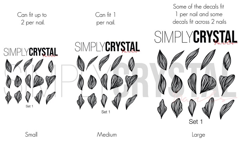 May include: Three sets of black and white nail decals featuring a leaf design. The sets are labeled "Small", "Medium", and "Large". The text "SIMPLYCRYSTAL" appears at the top of each set.