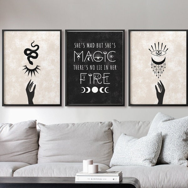 Mad But Magic Boho Witch Printable Wall Art Set of 3, Witchy Home Decor Digital Print, Mystical Downloadable 3 Piece Wall Art