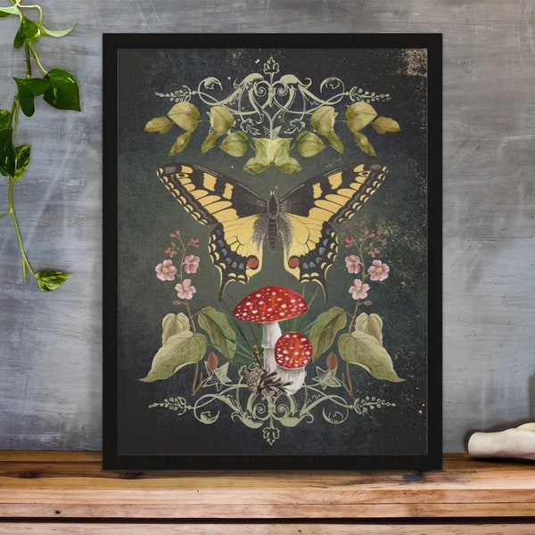 Dark Cottagecore Decor Butterfly Printable Wall Art, Green Witch Goblincore Downloadable Art