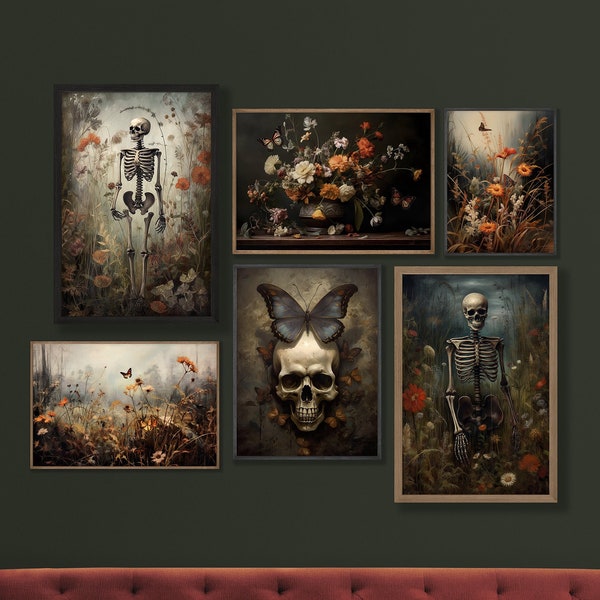 Dark Cottagecore Goth Skeletons Butterflies Printable Gallery Wall Art Set