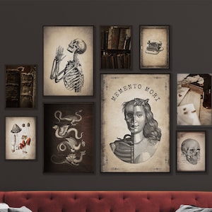 Dark Academia Decor Skeleton Bookish Printable Gallery Wall Set, Vintage Goth Aesthetic Downloadable Collage Kit