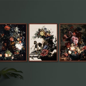 Dark Academia Decor Floral Printable Wall Art Set of 3, Vintage Gothic Aesthetic Room Decor