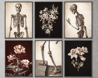 Dark Academia Decor Aesthetic Printable Wall Art Set, Vintage Gothic Botanical Skeleton Downloadable Gallery Set