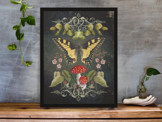 Fairycore Decor Butterfly Mushroom Printable Wall Art, Green Witch  Goblincore Downloadable Art 