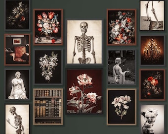 Goth Dark Botanical Decor Skeleton Printable Gallery Wall Art Set