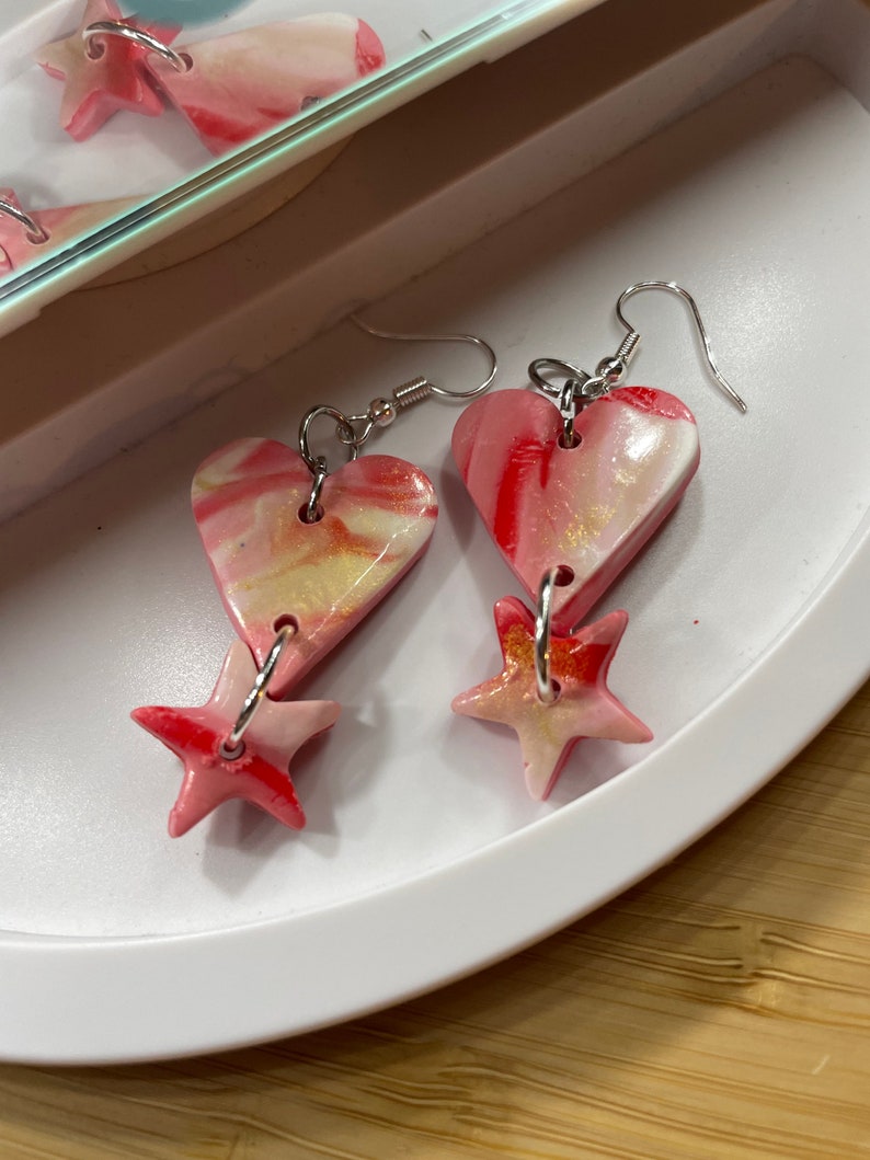 Unique gradient pink clay earrings Star and Heart shaped earrings with glitters.