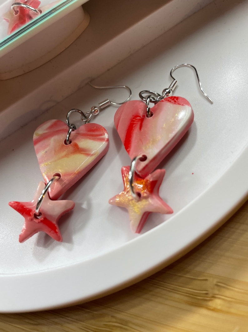 Unique gradient pink clay earrings Star and Heart shaped earrings with glitters.
