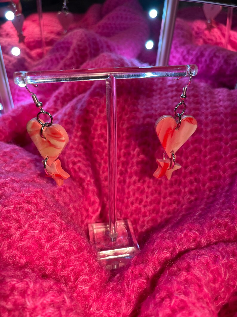Unique gradient pink clay earrings Star and Heart shaped earrings with glitters.
