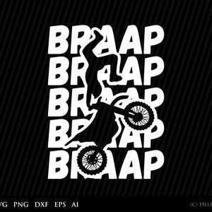 Motocross SVG, silhouette bianca di arte grafica BRAAP, motocicletta da avventura acrobatica all'aria aperta per ciclisti