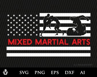May include: A black and white graphic design featuring the American flag with silhouettes of mixed martial arts fighters. The words "MIXED MARTIAL ARTS" are in red. The design includes SVG, PNG, EPS, DXF, and AI file formats.