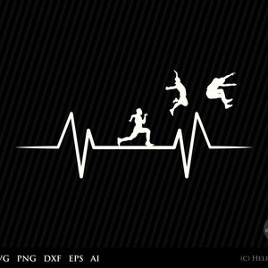 May include: A white silhouette of a heartbeat with three figures jumping over it. The figures are jumping in different directions. The image is on a black background.