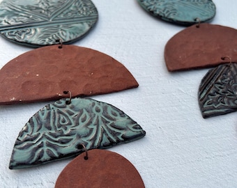 Handmade ceramic art: Ceramic printed patterned wall hanging- red clay and teal