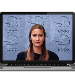 May include: A woman is on a video call on a laptop computer. The background is a blue wall with a repeated pattern of a bird logo with the word "LOGO" underneath.