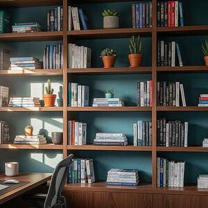 Bookshelf Background for Online Meetings, Modern Home Office Virtual Backdrop for Zoom, MS Teams and Video Calls