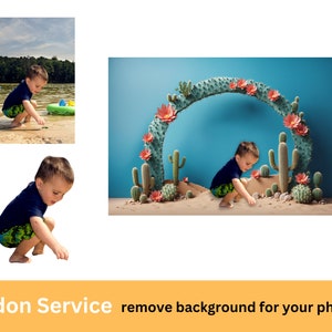 May include: A young child wearing a blue shirt and green shorts is playing in a desert-themed backdrop. The backdrop features a large cactus archway with pink flowers and smaller cacti.