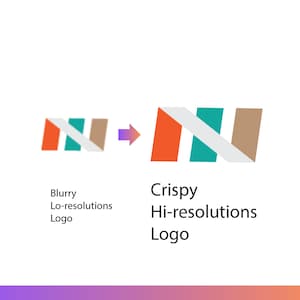 Könnte beinhalten: Ein grafischer Vergleich, der links ein kleines, unscharfes Logo und rechts eine größere, scharfe Version des gleichen Logos in hoher Auflösung zeigt. Das Logo besteht aus drei schrägen, farbigen Balken in Orange, Türkis und Beige, die von einem weißen Streifen durchkreuzt werden.