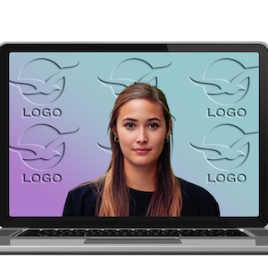 May include: A woman is on a video call on a laptop computer. The background of the video call is a gradient of blue and purple with a repeating pattern of a stylized seagull logo.
