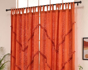 Burnt Orange Hippie Curtain Boho Fringed Curtain Cosy Tassel Trim Bedroom drapery Handmade Organic Cotton Custom size Curtain One Panel Only