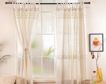 White Boho Curtain Bed Room curtain Ivory Handmade Curtain Tassel Custom size Pom Pom Curtain Kitchen Cosy Cotton Curtain One Panel Only