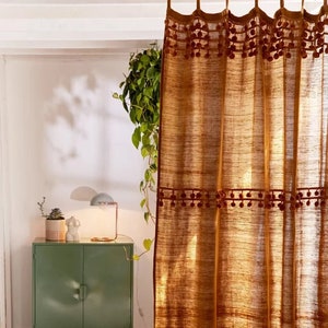 Honey Bohemian Curtains Handmade Pom Poms Curtain One Panel Window Curtain Boho Curtain Bedroom Curtain Fringes Curtain Door Curtain