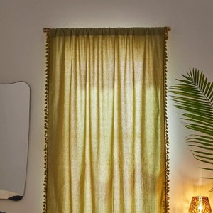 Two Pcs Green Handmade Tassels Curtain Palma Fringe Curtains Boho Curtains Cotton Curtains Door Panel Window Curtain Bohemian Curtains