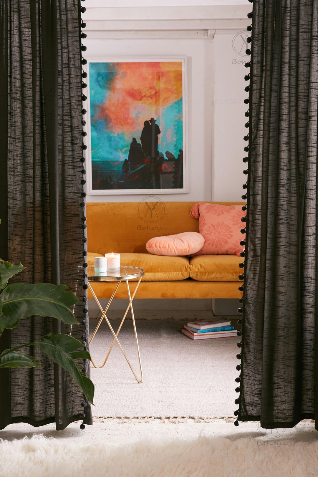 Pom Poms Curtains Window Curtain Personalized Gift Black Etsy