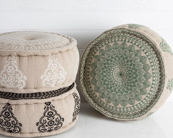 STUFFED Bohemian Ottoman Floor Pillow Cover Embroidered Floor Pouf Mandala Indian Meditation Cushion Living Room Decor Hippie Decor