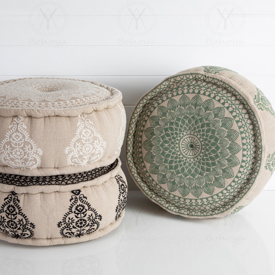 STUFFED Bohemian Ottoman Floor Pillow Cover Embroidered Floor Pouf