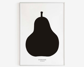 Enzo Mari - Die schwarze Birne, 1963, Mid-Century Modern Wandkunst, La Mela, Geburtstagsgeschenkidee, schwarz-weißes Poster, Obst zum Ausdrucken