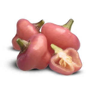 May include: Four pink bell peppers, one of which is sliced open to reveal the seeds inside.