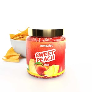 May include: A glass jar of red salsa with a peach and mango design. The label reads "Pepper Joe's Sweet Peach Salsa".
