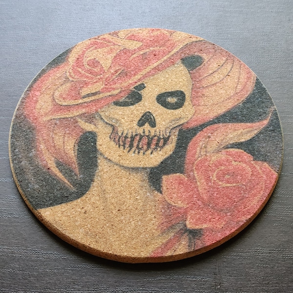 Lady Skeleton | Coaster For Drinks | Cork Coaster | Coffee Coaster | Dark | Coasters | Skull | Flowers | Halloween | Creepy | Spooky