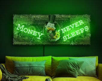Miljoen dollar neonreclame, dollarneon, geld slaapt nooit neon, dollarneonkunst, dollarlichtbord, geldneon, geldmuurkunst, dollarpop-art