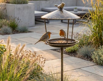 Metal Bird Feeder Stake, Garden bird feeder statue, Wild Bird Bath & Seed Feeder, Feeder for garden, Garden bird decor, Garden bird table