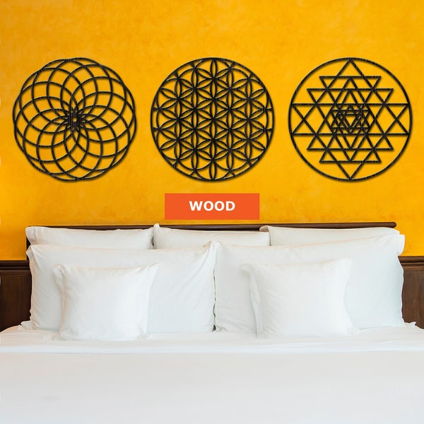 Conjunto de pared de geometría sagrada, arte de pared de madera de 3 piezas, arte de pared de geometría sagrada, arte de pared de madera india, arte de pared Sri yantra, arte de pared de flor de la vida