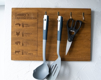 Wooden grill tool holder, Grill tool hanger, Grill tool storage, Kitchen utensil hanger, BBQ utensil holder, Hanging rack for kitchen