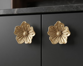 Flower Cabinet Knob Gold, Floral Drawer Pull, Decorative Dresser Knob, Kitchen Cabinet Hardware, Flower Furniture Knob, Gold Cabinet Handle