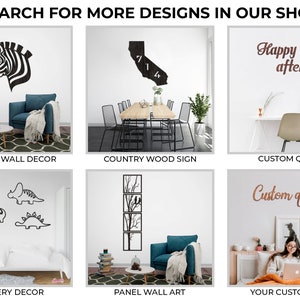 May include: A collage of images showcasing different wall decor options, including animal silhouettes, a state-shaped wooden sign, a custom quote, a dinosaur nursery decor, a panel wall art, and a custom text design.
