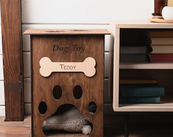 Caja de juguetes para perros personalizada, Cesta de juguetes para perros personalizada, Caja de juguetes para perros de madera, Almacenamiento de juguetes para mascotas, Contenedor de juguetes para perros, Almacenamiento de juguetes para perros, Cesta de juguetes para perros con nombre