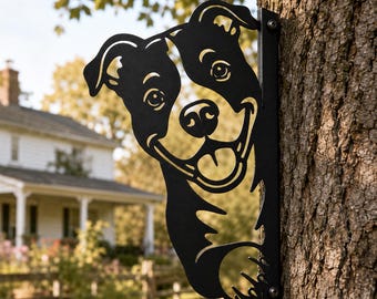Metalen boomdecoratiebord met glurende hond, gepersonaliseerd hondenboombord, tuindecoratie voor buiten, gepersonaliseerd tuinbord, cadeau voor hondenliefhebbers