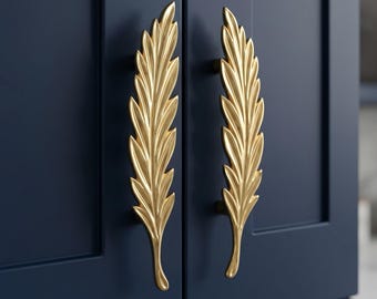 Skåphandtag i bladguld, botaniska lådhandtag, långa garderobsdörrbeslag, naturinspirerade skåphandtag