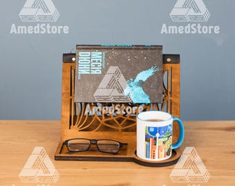 Wooden book holder, Wooden book stand, Triangle book holder, Cup holder with book, Nightstand book rest, Book holder stand, Book page holder