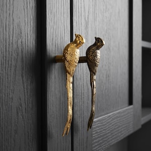 May include: Two vertical cabinet handles shaped like birds with long, flowing tail feathers. One handle features a bright, polished gold finish, while the other has a darker, antique bronze finish. Both are mounted on a dark grey wooden cabinet door.