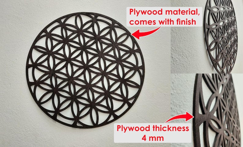 May include: A dark brown wooden wall decor with a geometric pattern, known as the Flower of Life. The decor is made of plywood, 4 mm thick, and has a finished surface.