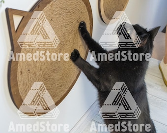 Wooden cat scratcher, Cat scratch board, Cat scratcher wall mount, Round scratcher, Cat furniture wall, Scratching pad, Cat play furniture