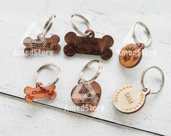 Wooden dog tags engraved, Wooden pet id tag, Cat collar tag personalized, Cat ID tag name and number, Large dog collar tag, Dog name tag