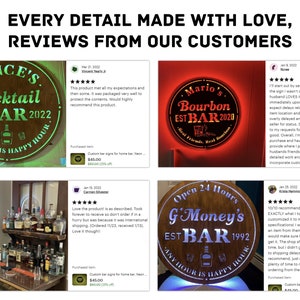 May include: Four custom bar signs with neon lights. Each sign is a round wooden plaque with a different name and design. The signs are lit up with neon lights and have a happy hour theme. The signs are all personalized with the customer's name and bar name.