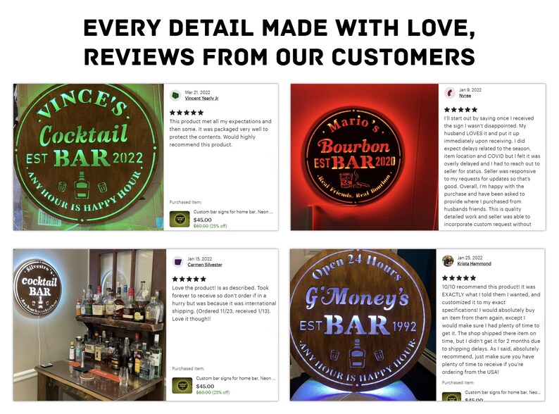 May include: Four custom bar signs with neon lights. Each sign is a round wooden plaque with a different name and design. The signs are lit up with neon lights and have a happy hour theme. The signs are all personalized with the customer's name and bar name.