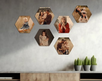 Zeshoek fotocollage, honingraat fotocollage, foto honingraat hout, zeshoek tegel muur print, geometrische fotomuur kunst, fotoweergaveraster
