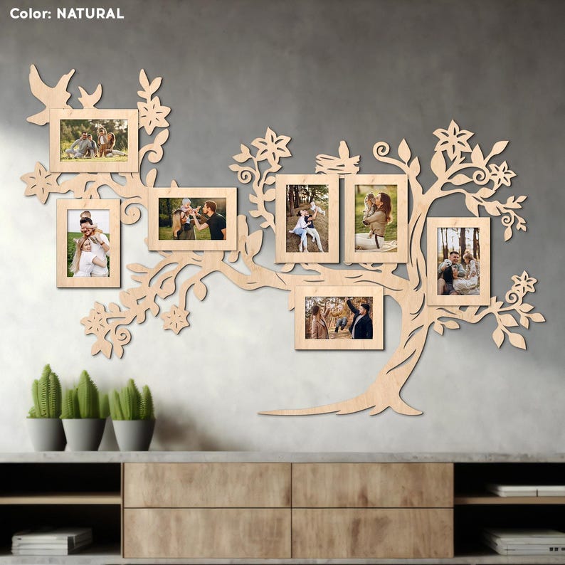 May include: A wooden wall decor in the shape of a tree with eight photo frames. The frames are arranged in a branch-like pattern. The tree is painted in a natural wood color. The frames are empty and ready for photos.